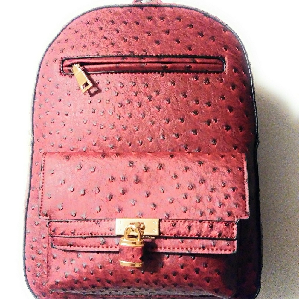 Womens Wine Colored Ostrich Inspired Bookbag Purse